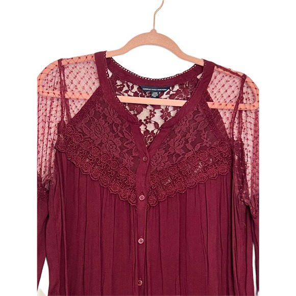 American Eagle Outfitters Burgandy Long Sleeves Tunic Lace Button Up Top Size L - Picture 2 of 10